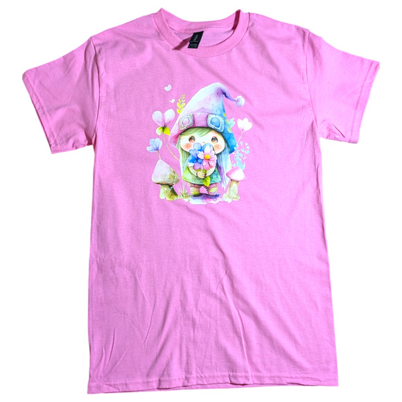 Cute - Gnome with Flowers - Graphic Tee - Pink - Size S - NWOT All Genders - Picture 1 of 7